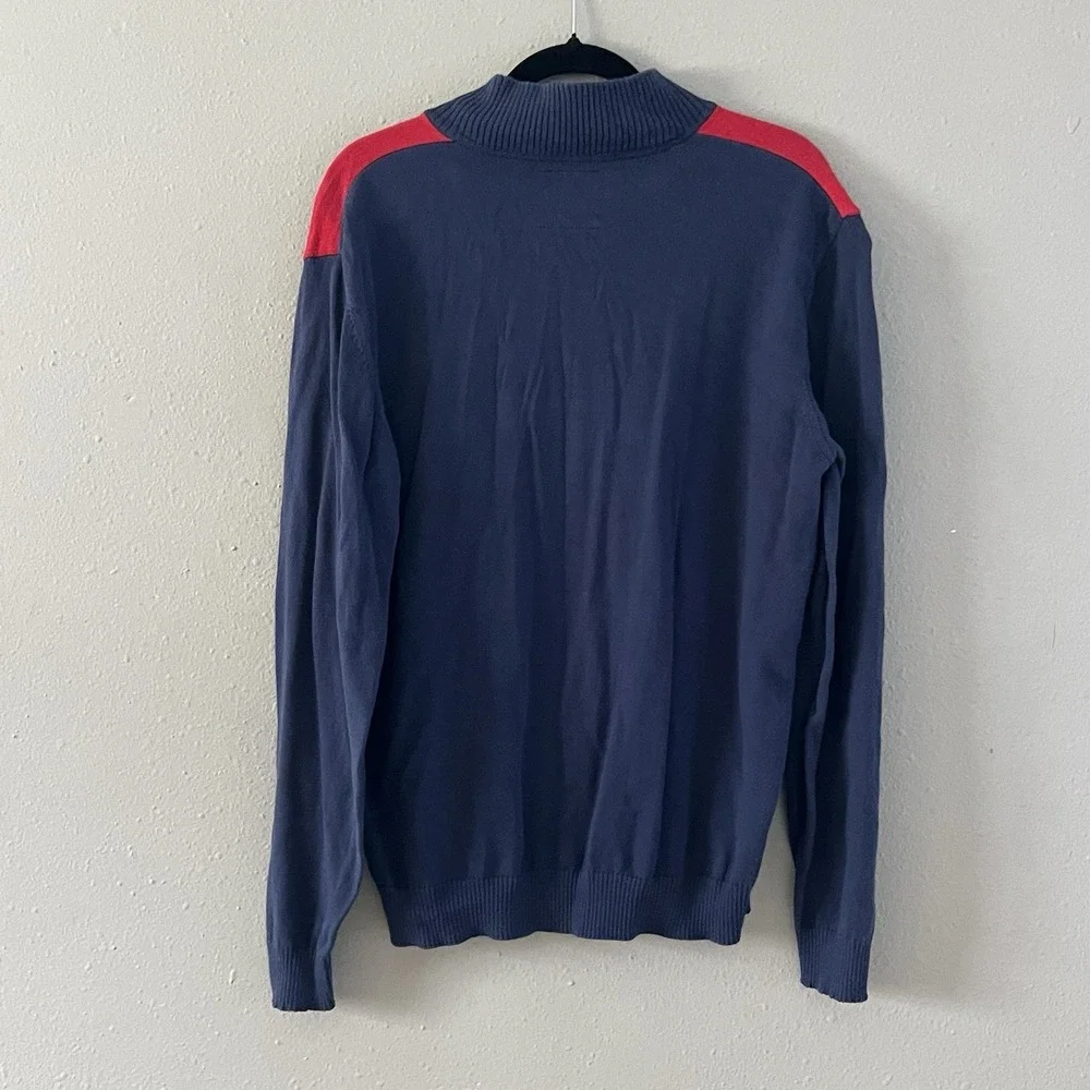 Mistral‎ Zip Sweater Jacket Navy Red Stripe Mock Neck Large Preppy Colorblock